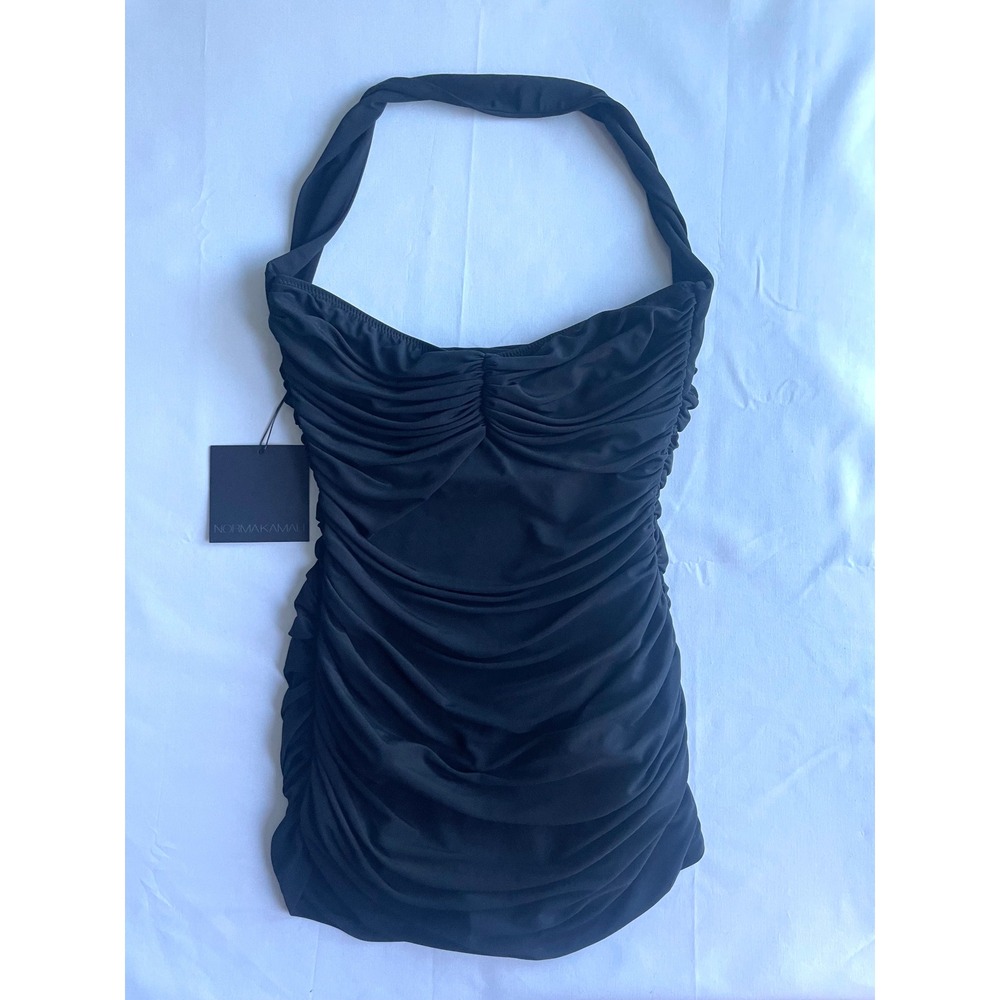 NWT Norma Kamali Black Halter Ruched One-Piece Swimsuit (Mislabeled Tag) -Large